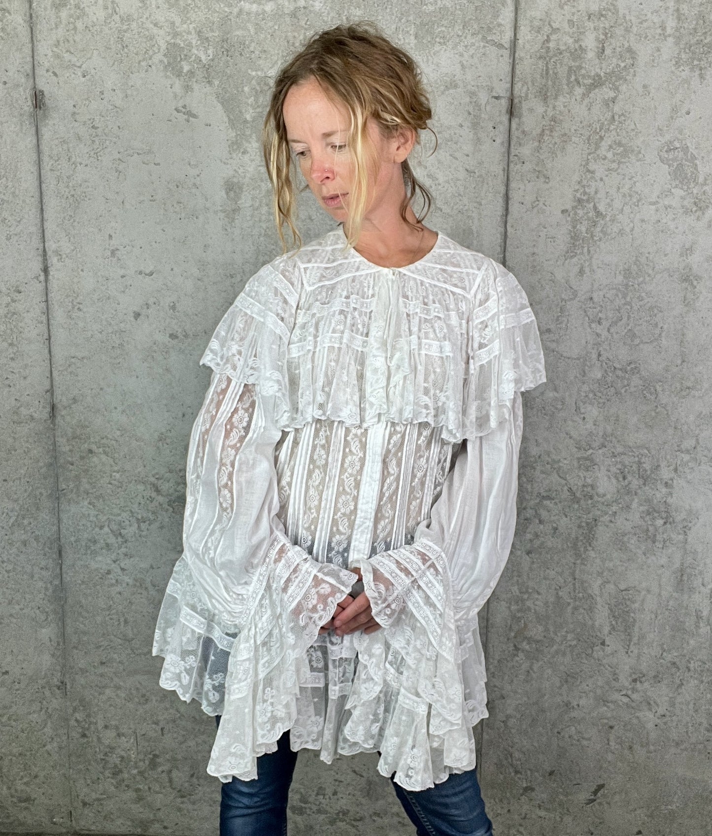 Antique 1900s Edwardian Cotton Insertion Lace Combing Jacket with Dramatic Bell Sleeves