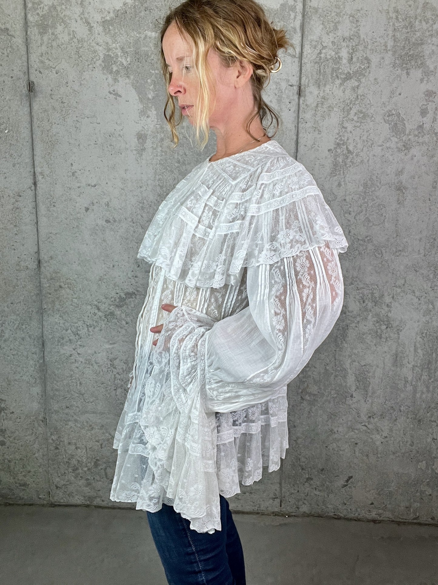 Antique 1900s Edwardian Cotton Insertion Lace Combing Jacket with Dramatic Bell Sleeves