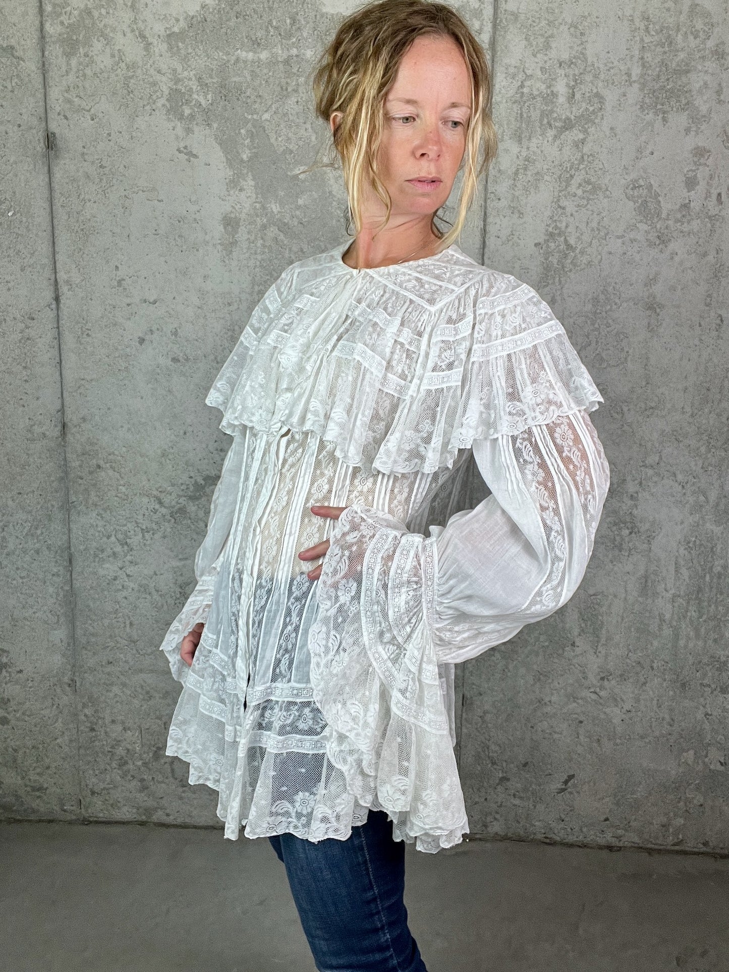 Antique 1900s Edwardian Cotton Insertion Lace Combing Jacket with Dramatic Bell Sleeves