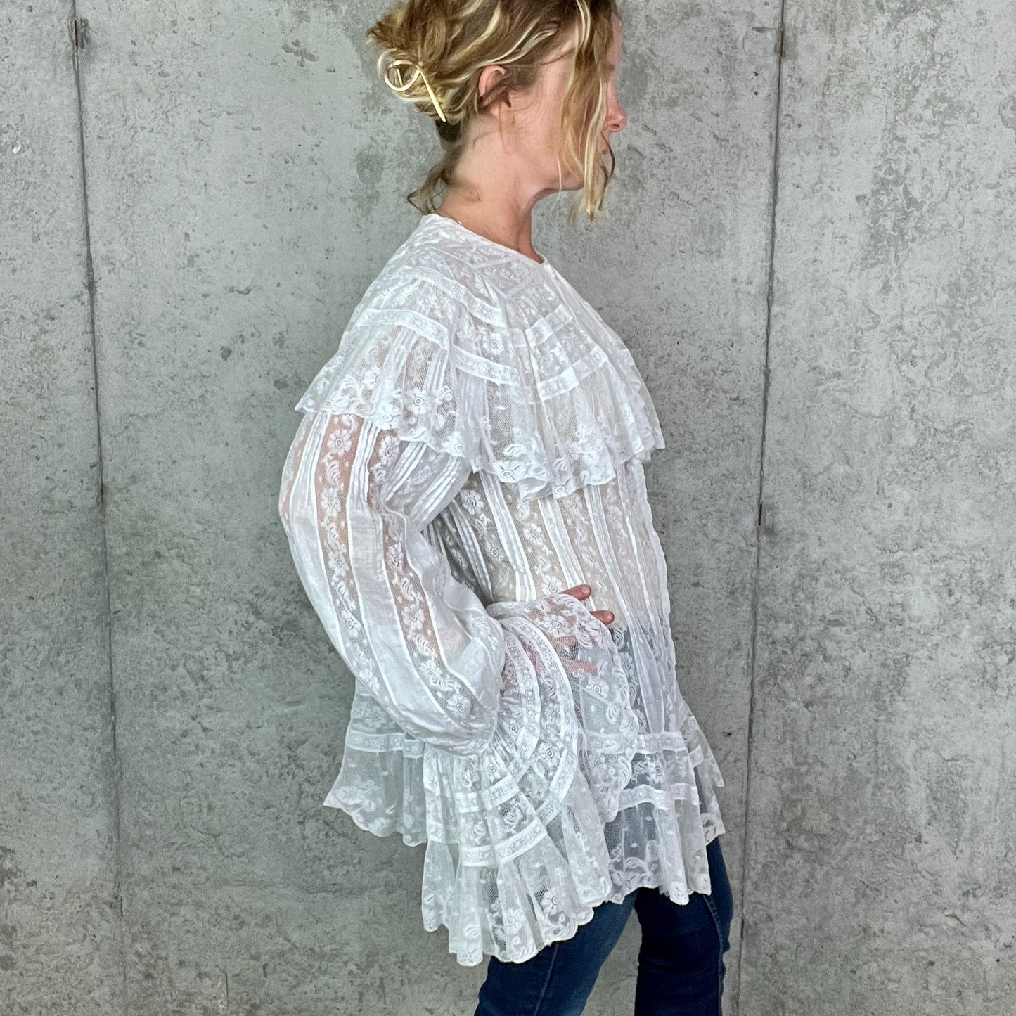 Antique 1900s Edwardian Cotton Insertion Lace Combing Jacket with Dramatic Bell Sleeves