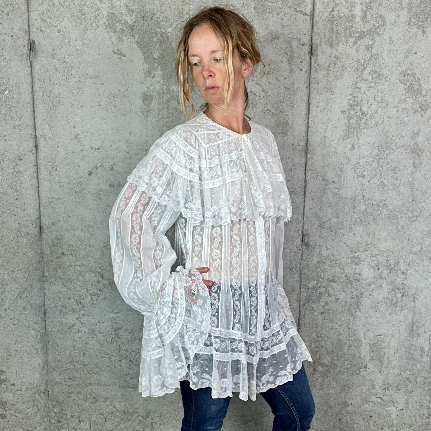 Antique 1900s Edwardian Cotton Insertion Lace Combing Jacket with Dramatic Bell Sleeves