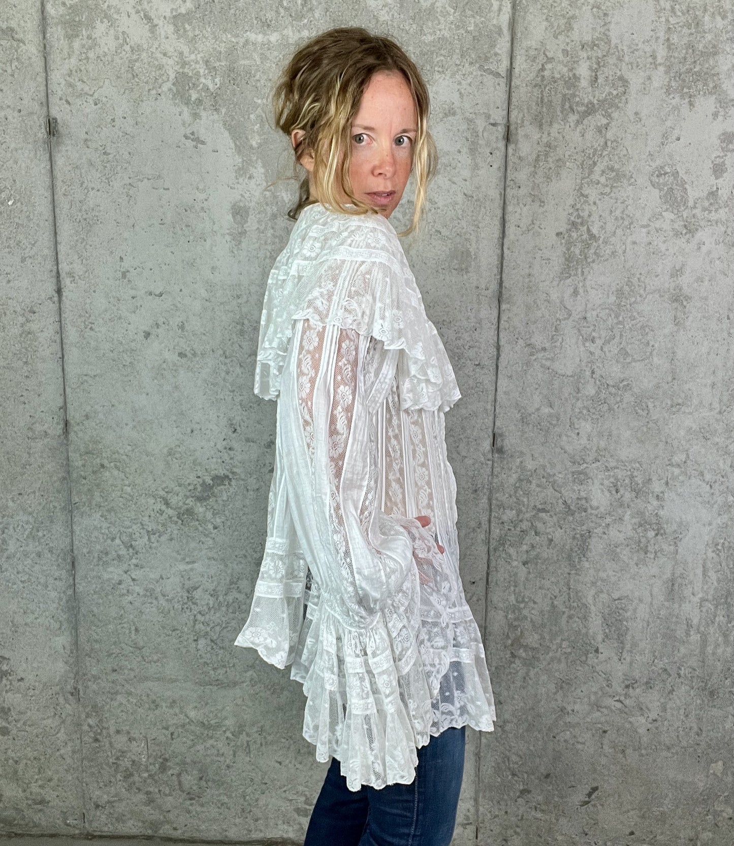 Antique 1900s Edwardian Cotton Insertion Lace Combing Jacket with Dramatic Bell Sleeves
