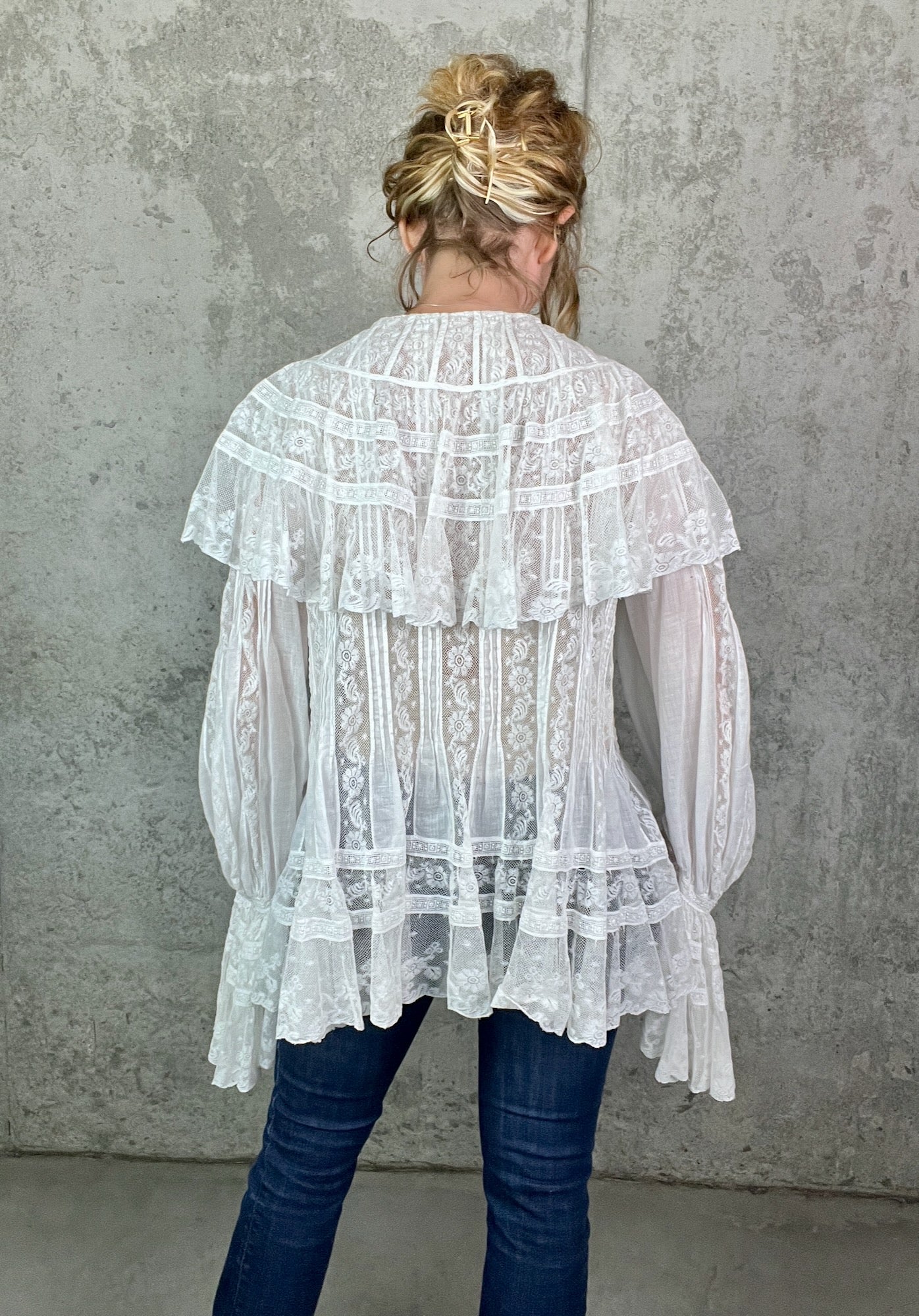 Antique 1900s Edwardian Cotton Insertion Lace Combing Jacket with Dramatic Bell Sleeves