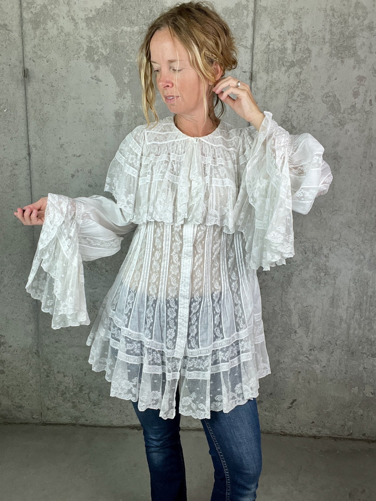 Antique 1900s Edwardian Cotton Insertion Lace Combing Jacket with Dramatic Bell Sleeves