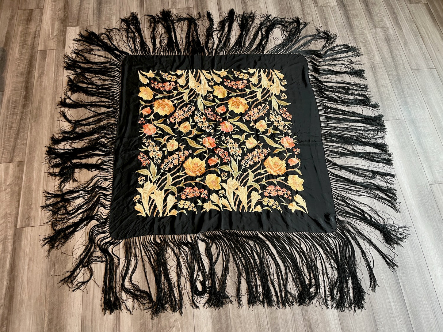 Vintage 1920s 30s Hand Embroidered Silk Crepe Fringe Piano Shawl
