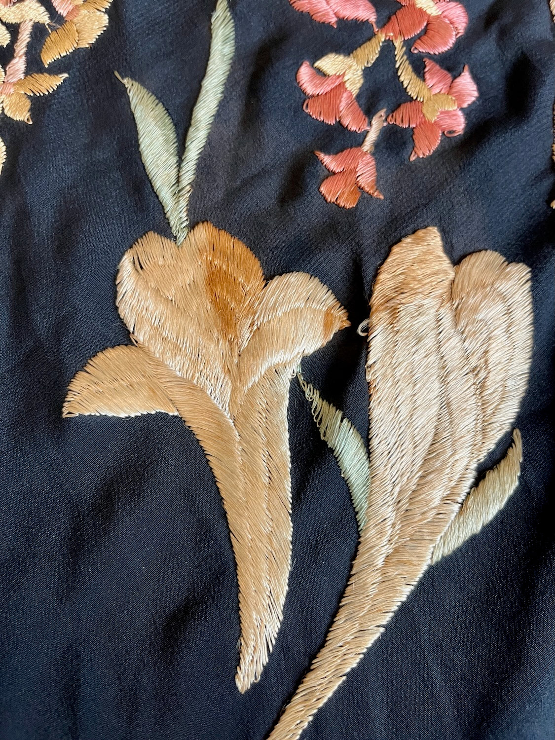 Vintage 1920s 30s Hand Embroidered Silk Crepe Fringe Piano Shawl
