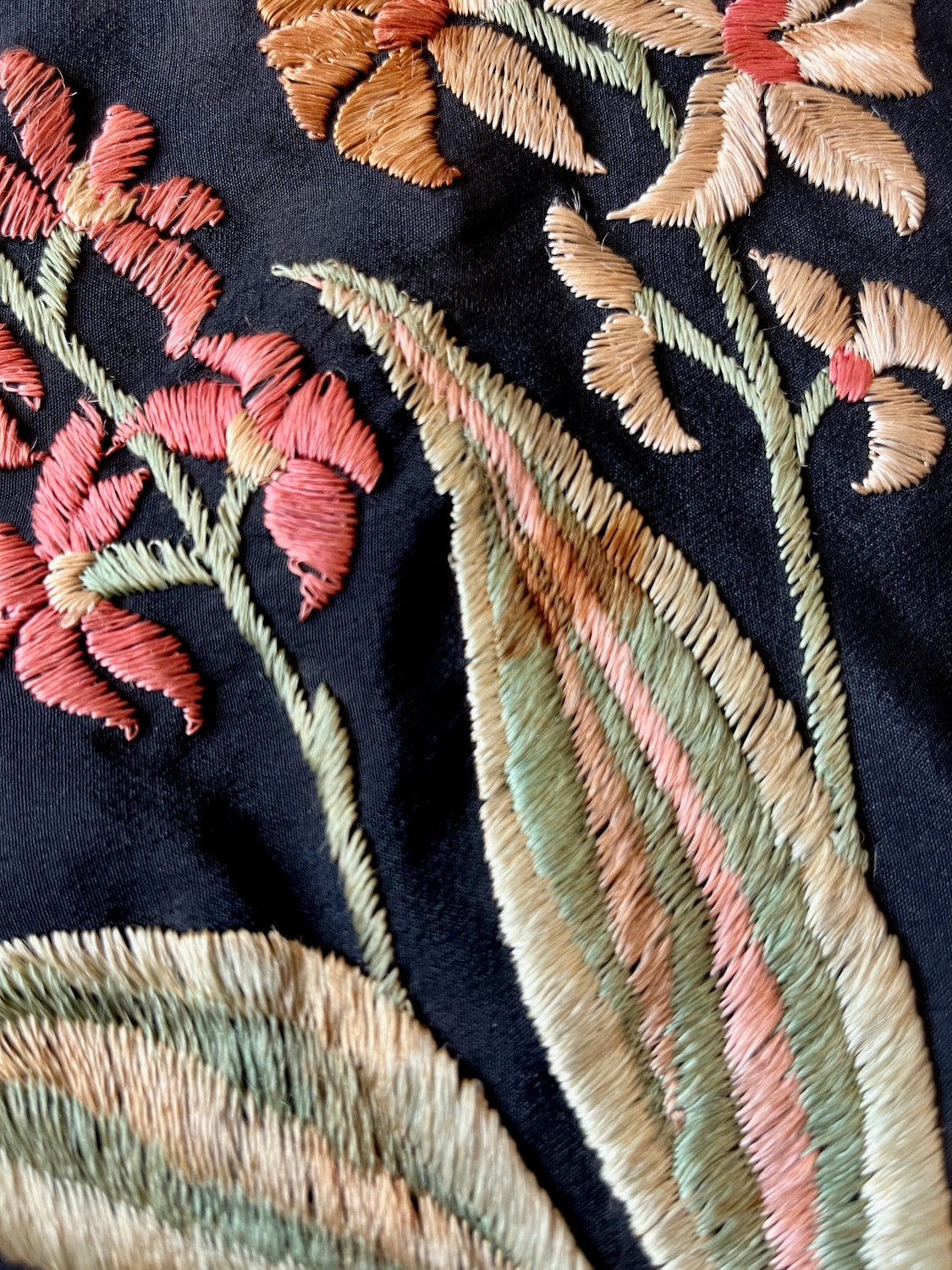 Vintage 1920s 30s Hand Embroidered Silk Crepe Fringe Piano Shawl