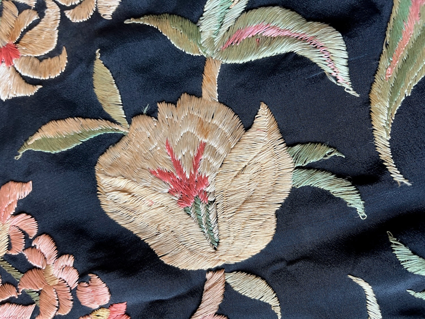 Vintage 1920s 30s Hand Embroidered Silk Crepe Fringe Piano Shawl