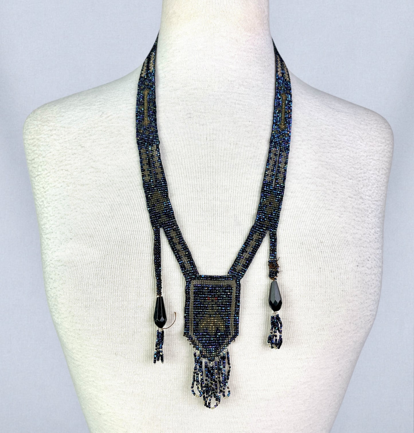 Antique Early 1920s Beaded Sautoir Necklace with Scarab / Beetle Motif