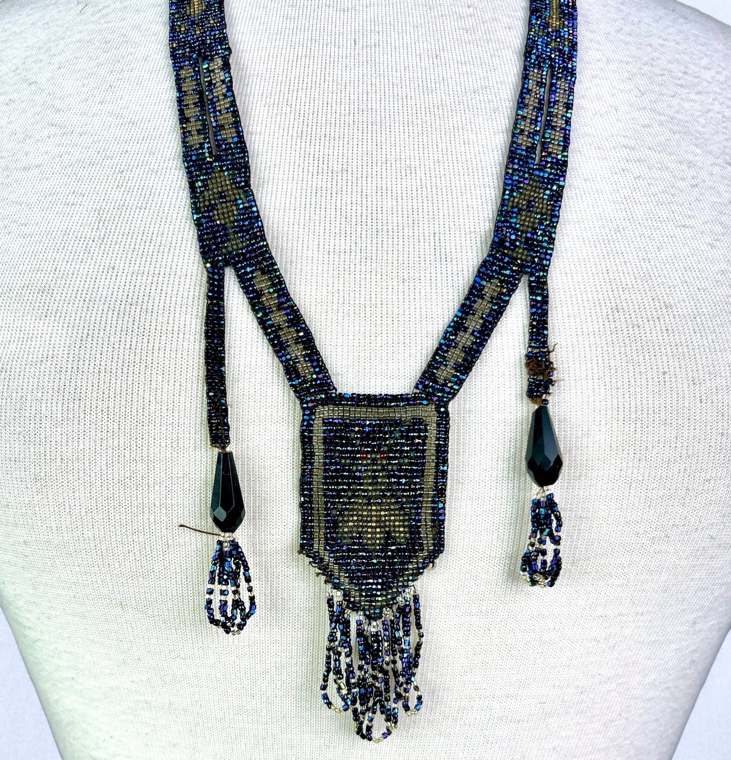 Antique Early 1920s Beaded Sautoir Necklace with Scarab / Beetle Motif