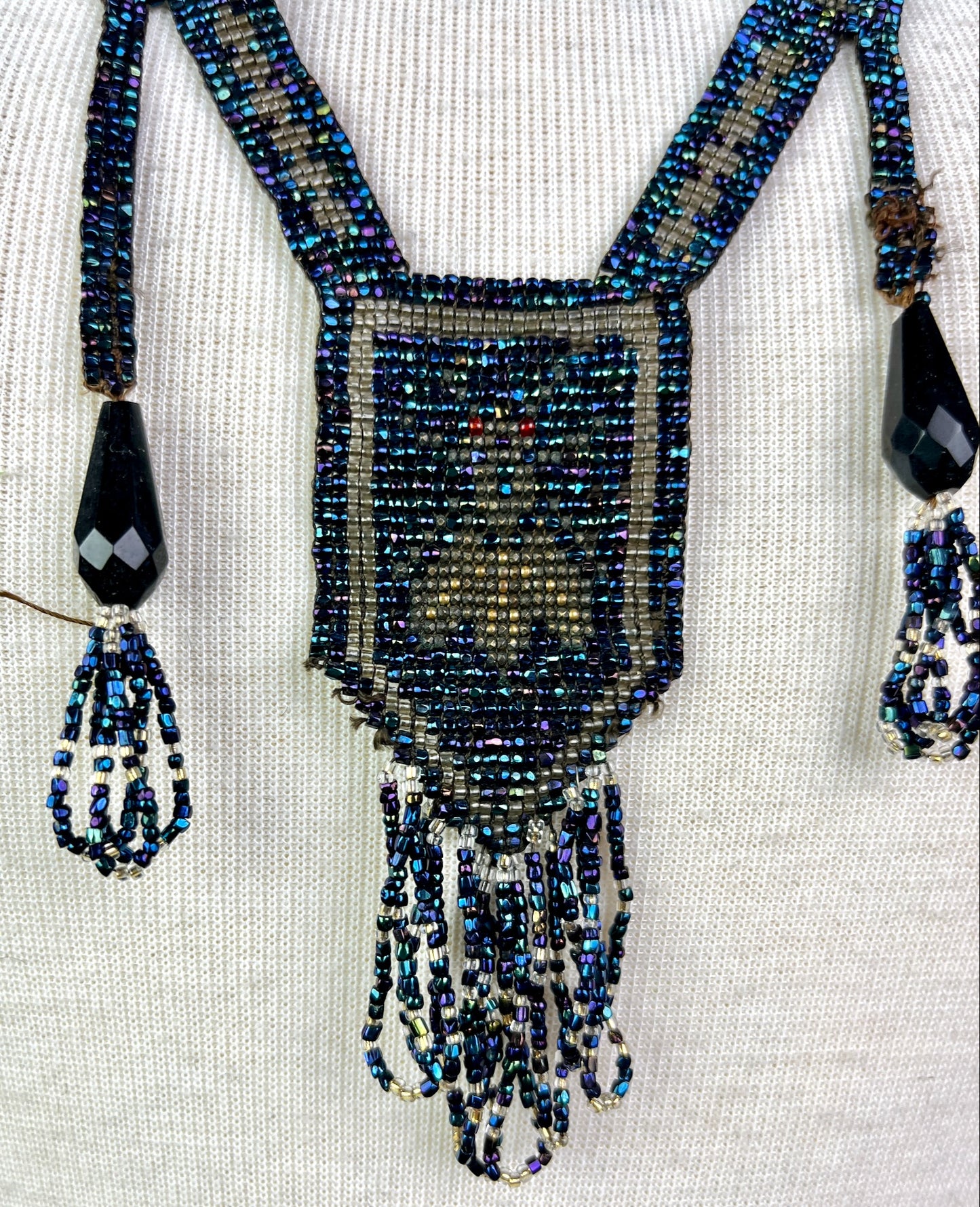 Antique Early 1920s Beaded Sautoir Necklace with Scarab / Beetle Motif