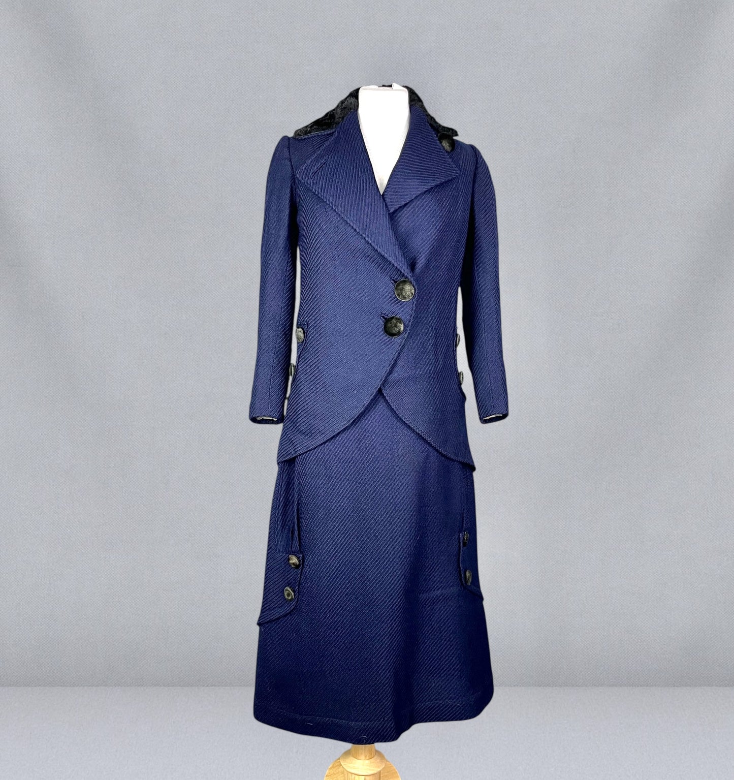 Antique 1910s Blue Wool Walking Suit with Plush Trim & Covered Buttons, Edwardian Two-Piece, XS - S