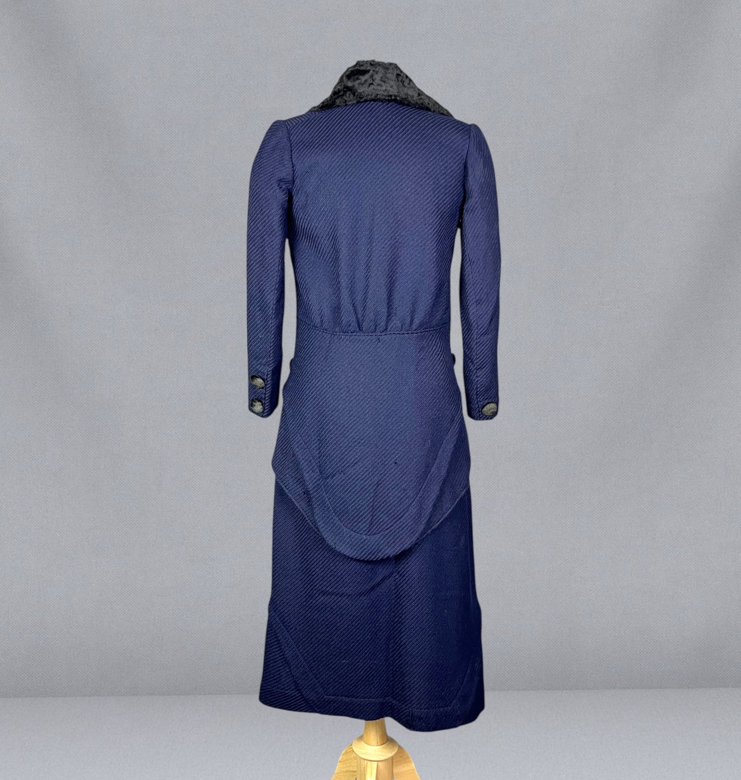 Antique 1910s Blue Wool Walking Suit with Plush Trim & Covered Buttons, Edwardian Two-Piece, XS - S