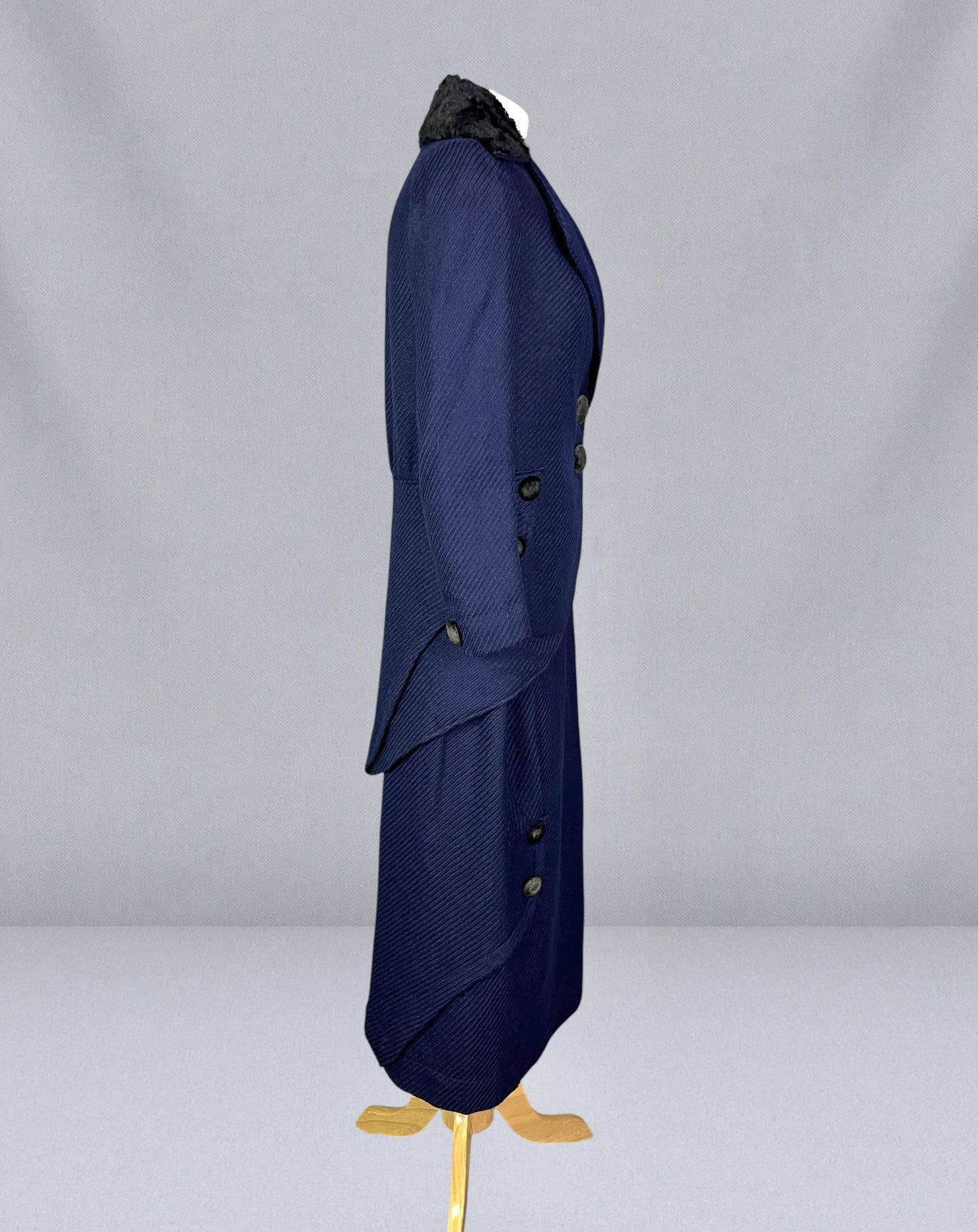 Antique 1910s Blue Wool Walking Suit with Plush Trim & Covered Buttons, Edwardian Two-Piece, XS - S