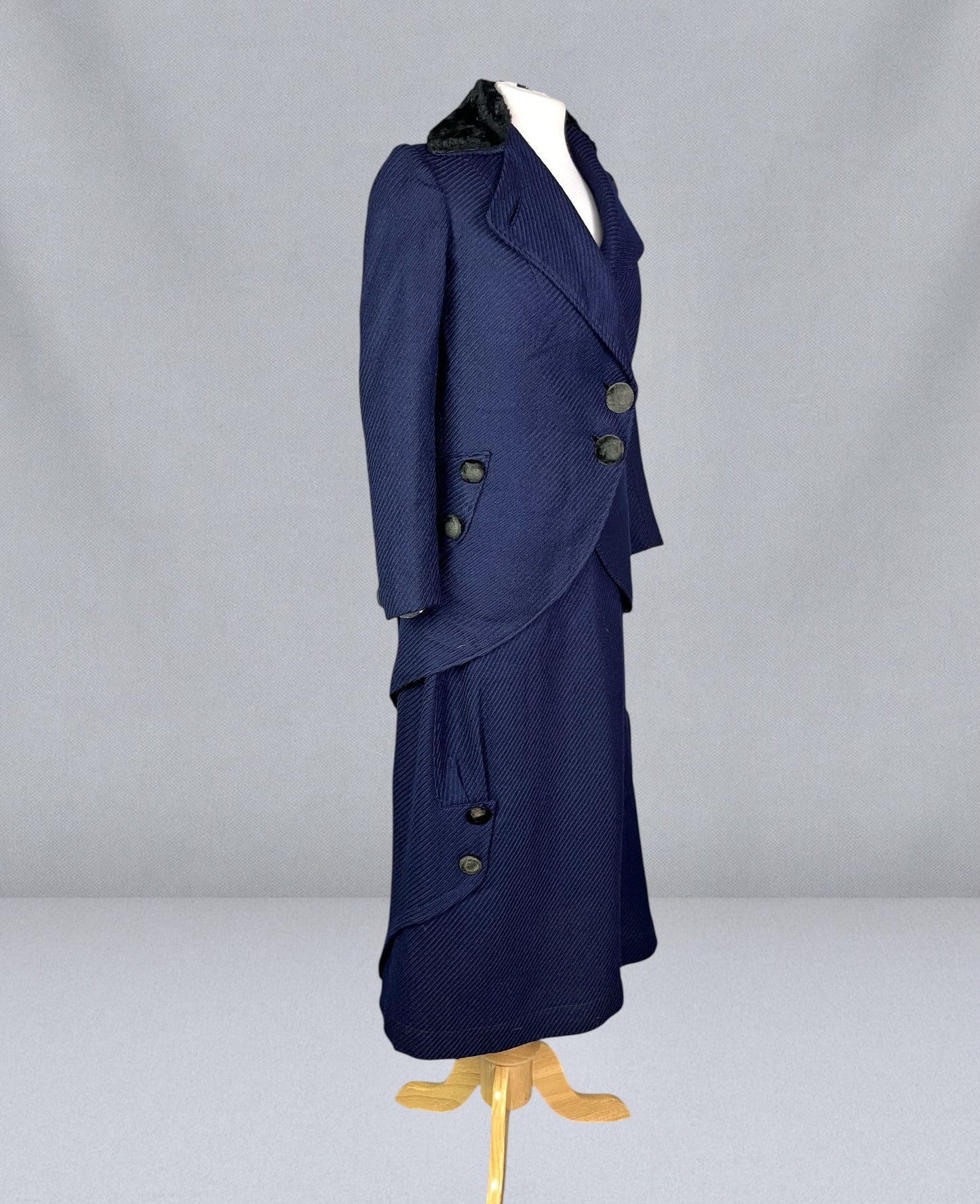 Antique 1910s Blue Wool Walking Suit with Plush Trim & Covered Buttons, Edwardian Two-Piece, XS - S