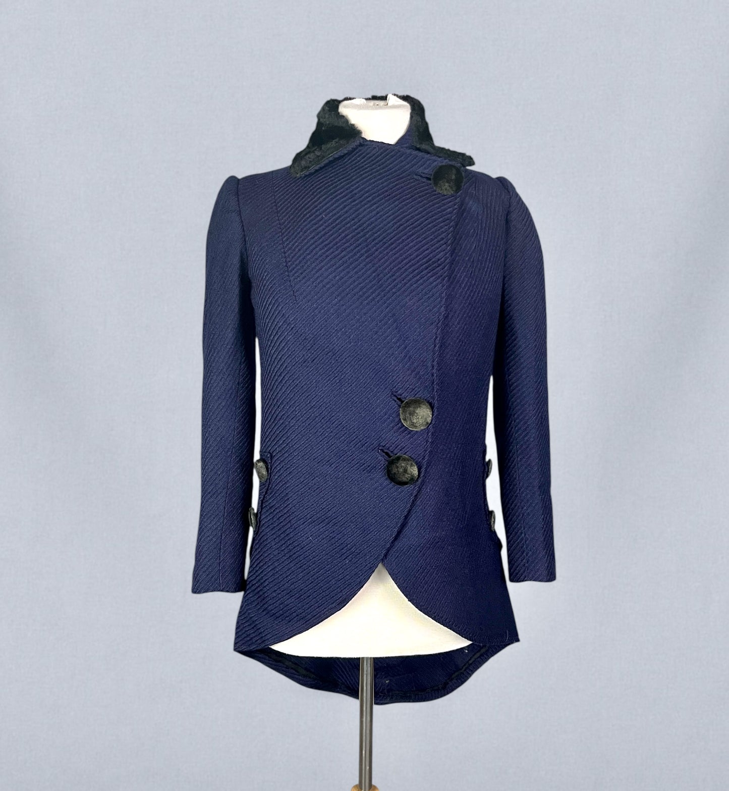Antique 1910s Blue Wool Walking Suit with Plush Trim & Covered Buttons, Edwardian Two-Piece, XS - S