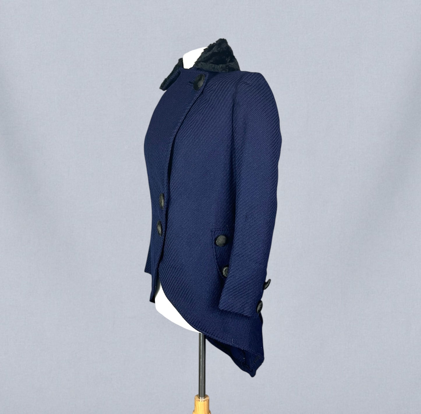 Antique 1910s Blue Wool Walking Suit with Plush Trim & Covered Buttons, Edwardian Two-Piece, XS - S