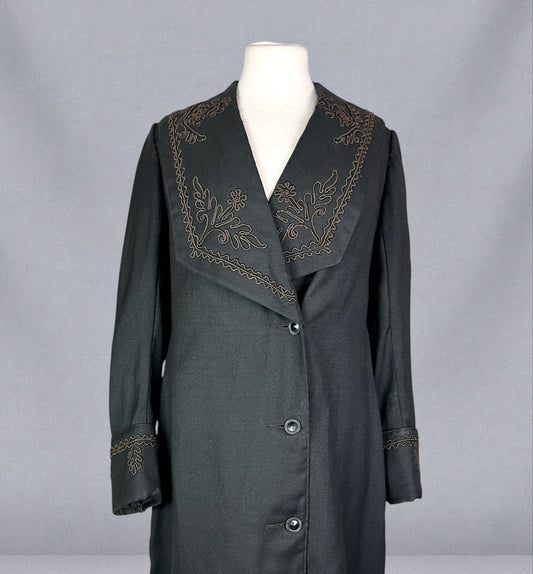 Antique Late 1910s Black Wool Twill Car Coat with Soutache Embroidery, M - M/L