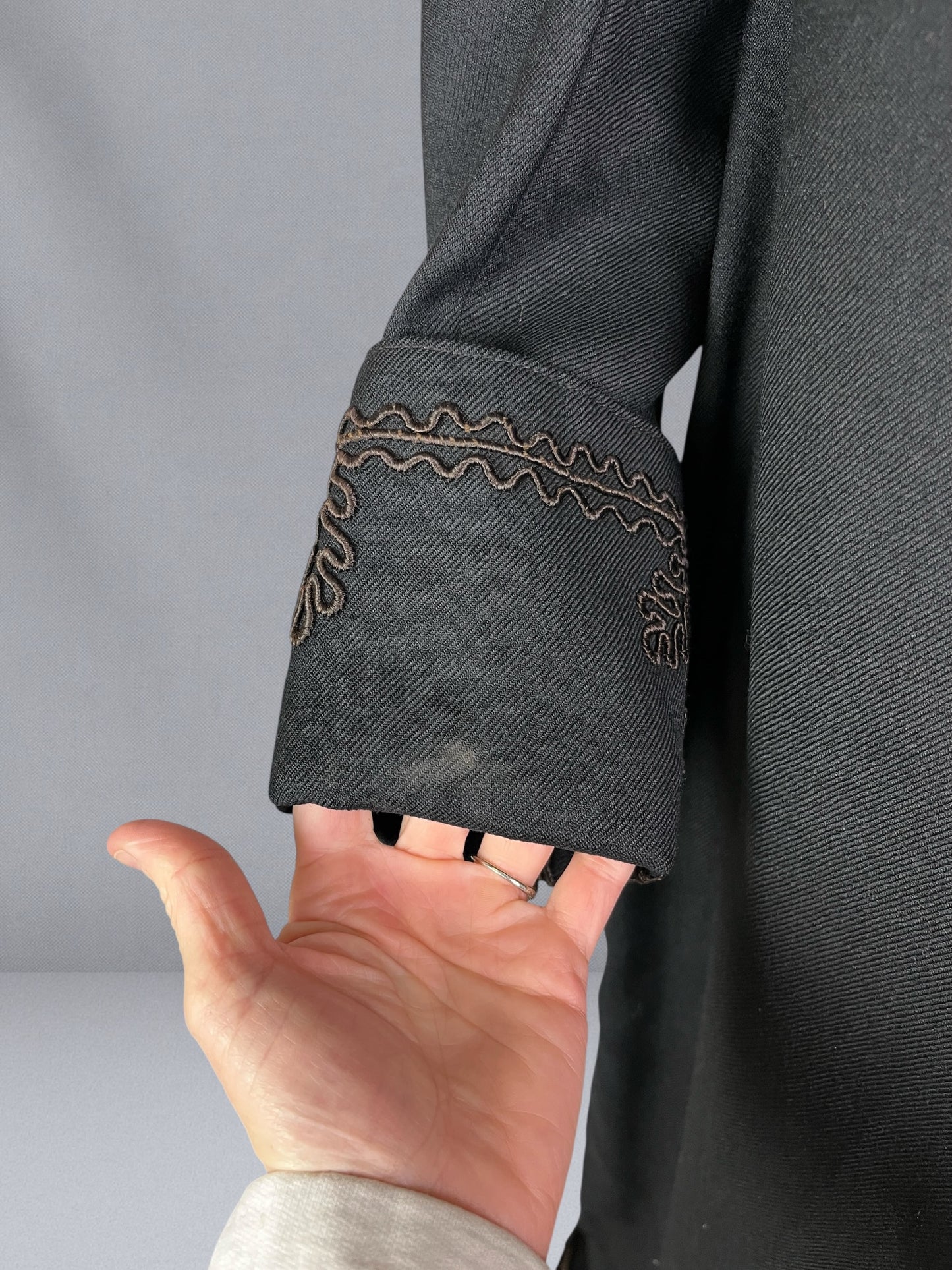 Antique Late 1910s Black Wool Twill Car Coat with Soutache Embroidery, M - M/L