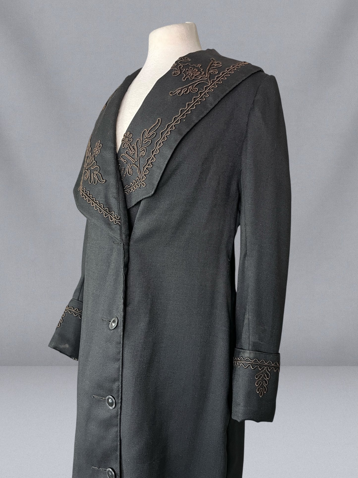 Antique Late 1910s Black Wool Twill Car Coat with Soutache Embroidery, M - M/L