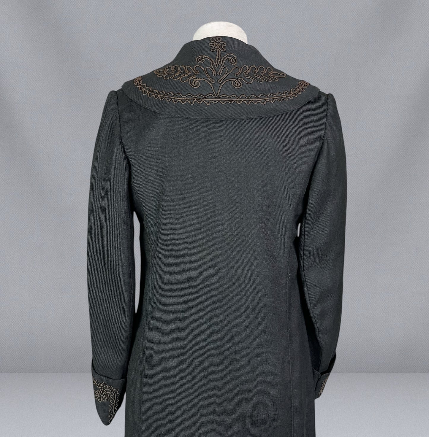 Antique Late 1910s Black Wool Twill Car Coat with Soutache Embroidery, M - M/L
