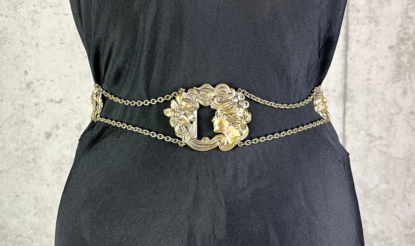 Edwardian Art Nouveau Brass Goddess Dress Belt, c. 1900–1915