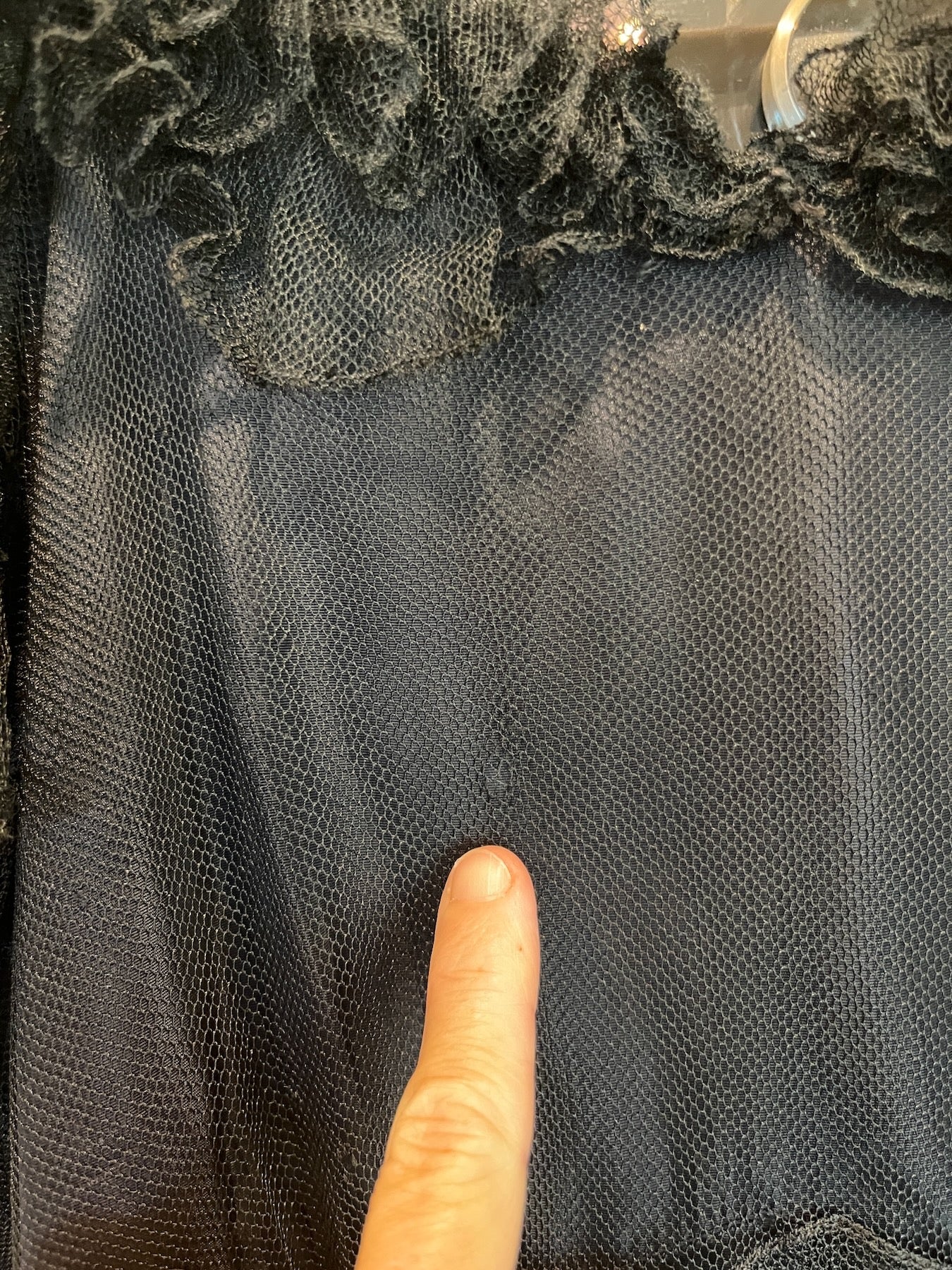 Vintage 1930s Black Tulle Net Evening Gown with Ruffled Back & Bias Cut Slip