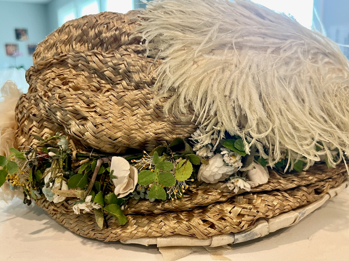 Antique 1900s Edwardian Straw Picture Hat with Ostrich Feather & Millinery Flowers