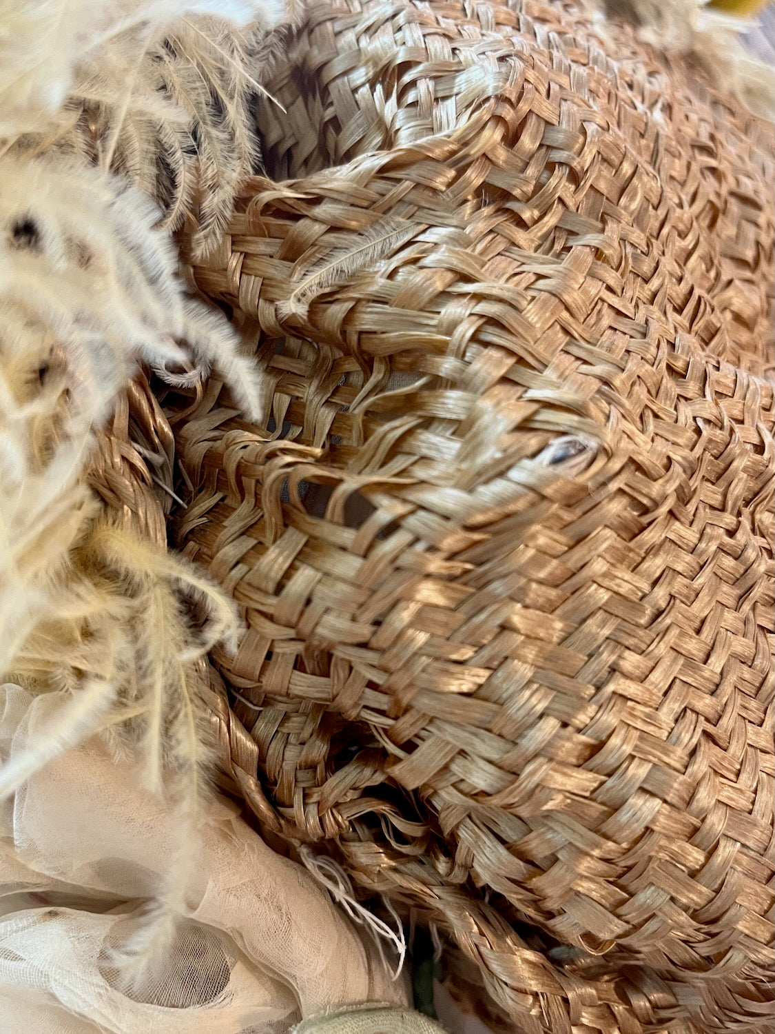 Antique 1900s Edwardian Straw Picture Hat with Ostrich Feather & Millinery Flowers