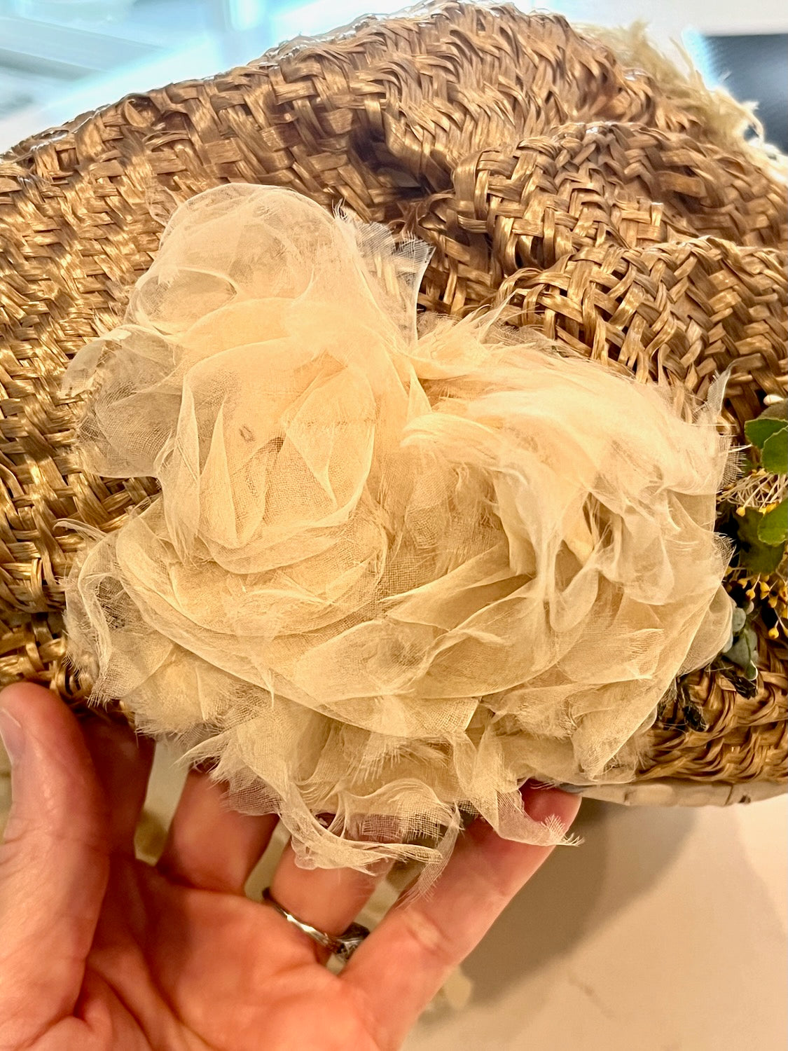Antique 1900s Edwardian Straw Picture Hat with Ostrich Feather & Millinery Flowers
