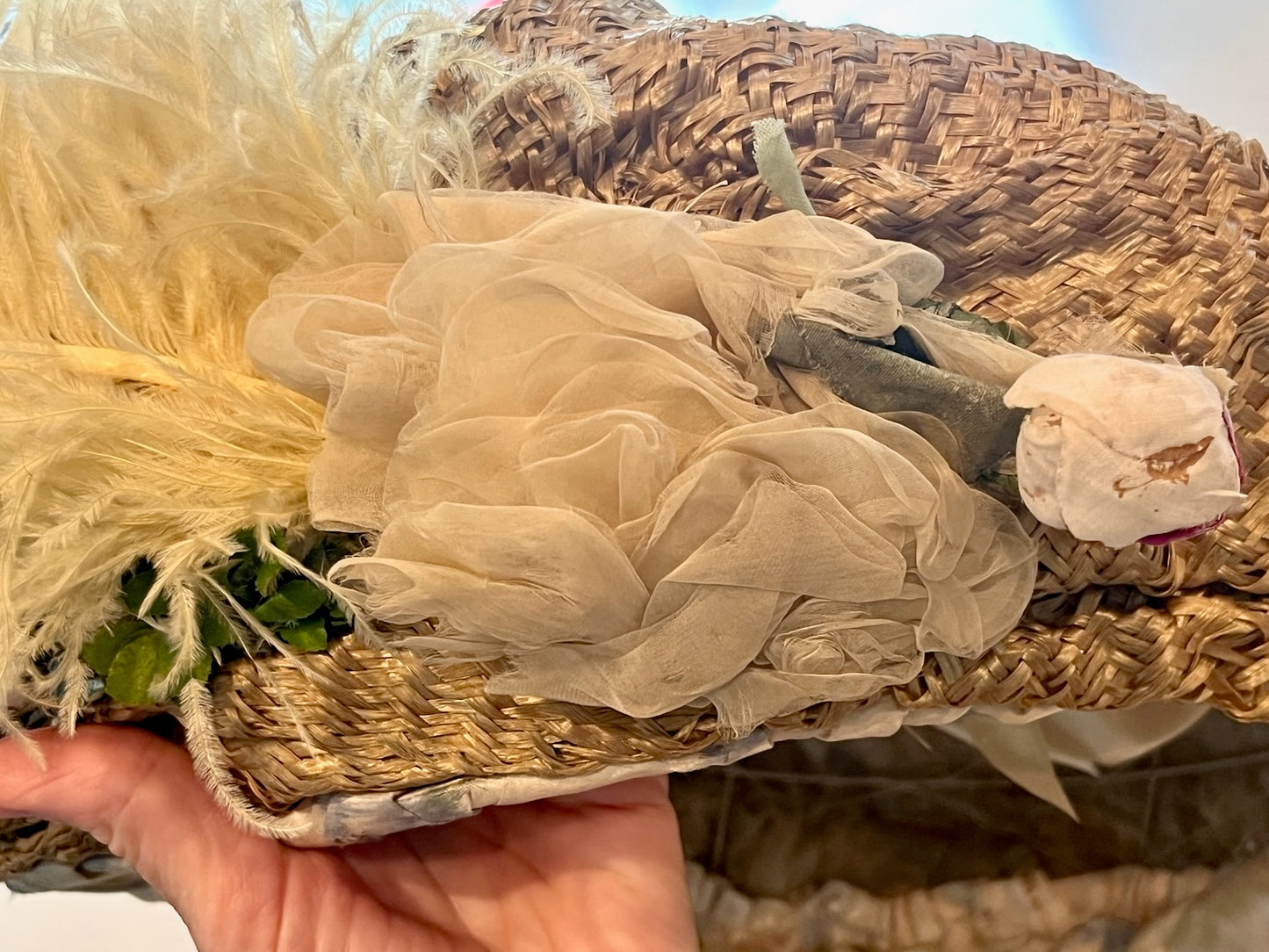 Antique 1900s Edwardian Straw Picture Hat with Ostrich Feather & Millinery Flowers