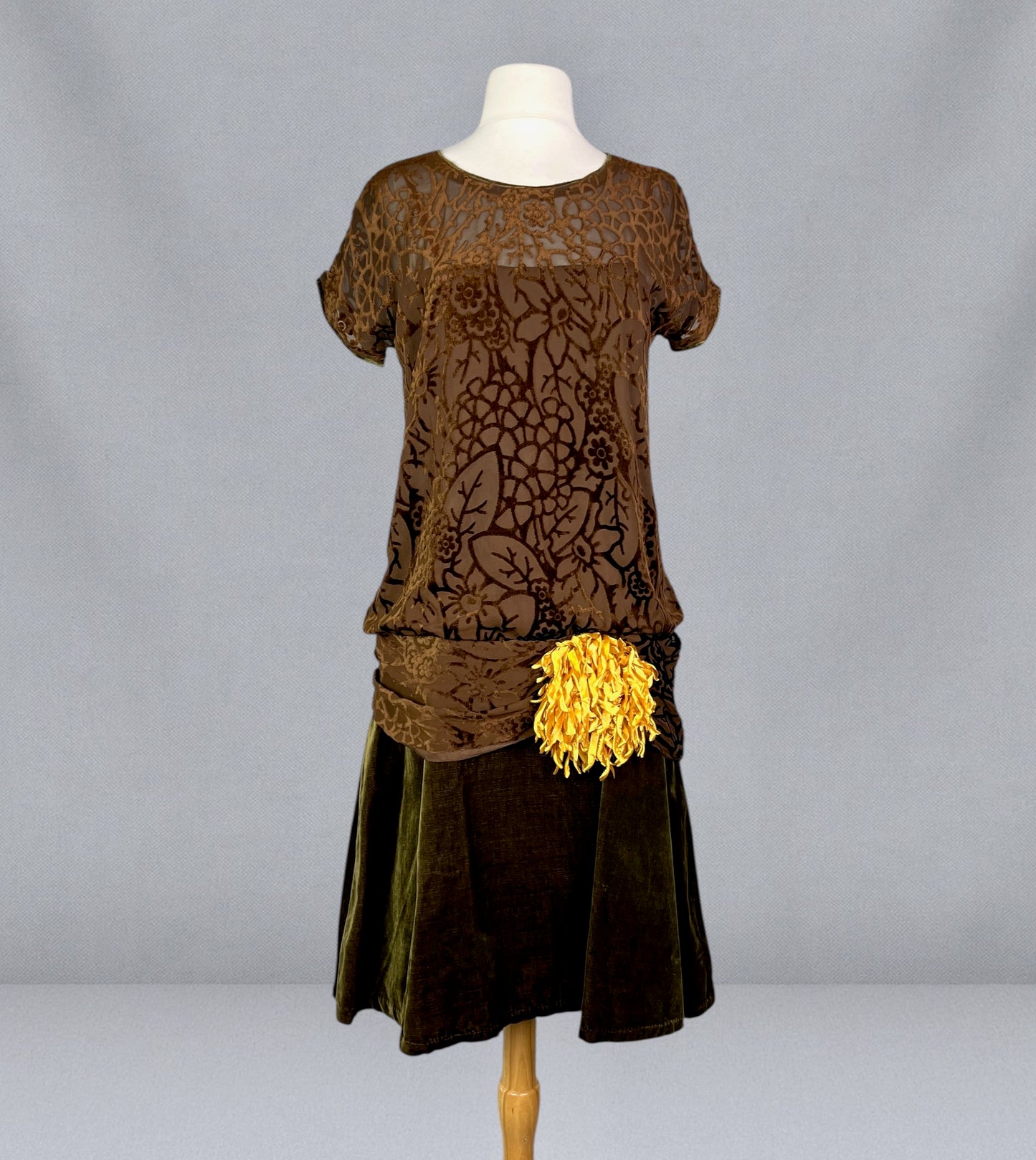 Antique 1920s Burnout Velvet Flapper Dress with Silk Flower Detail, Medium