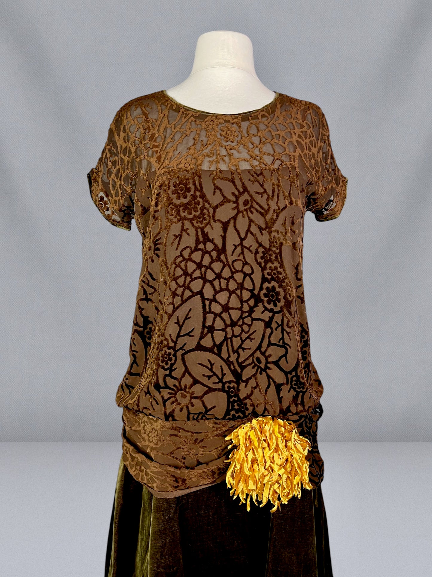 Antique 1920s Burnout Velvet Flapper Dress with Silk Flower Detail, Medium