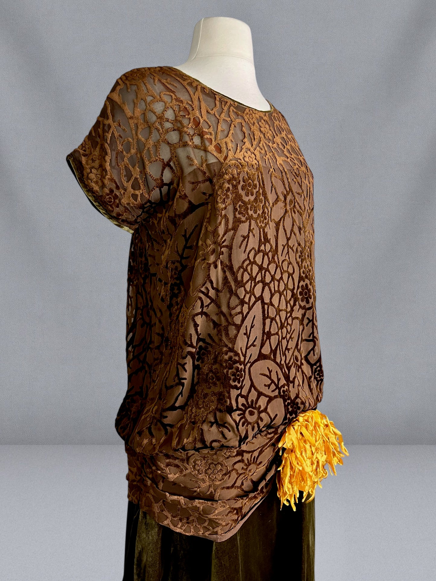 Antique 1920s Burnout Velvet Flapper Dress with Silk Flower Detail, Medium