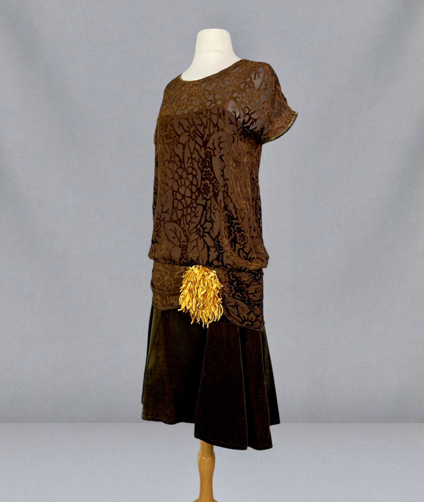 Antique 1920s Burnout Velvet Flapper Dress with Silk Flower Detail, Medium