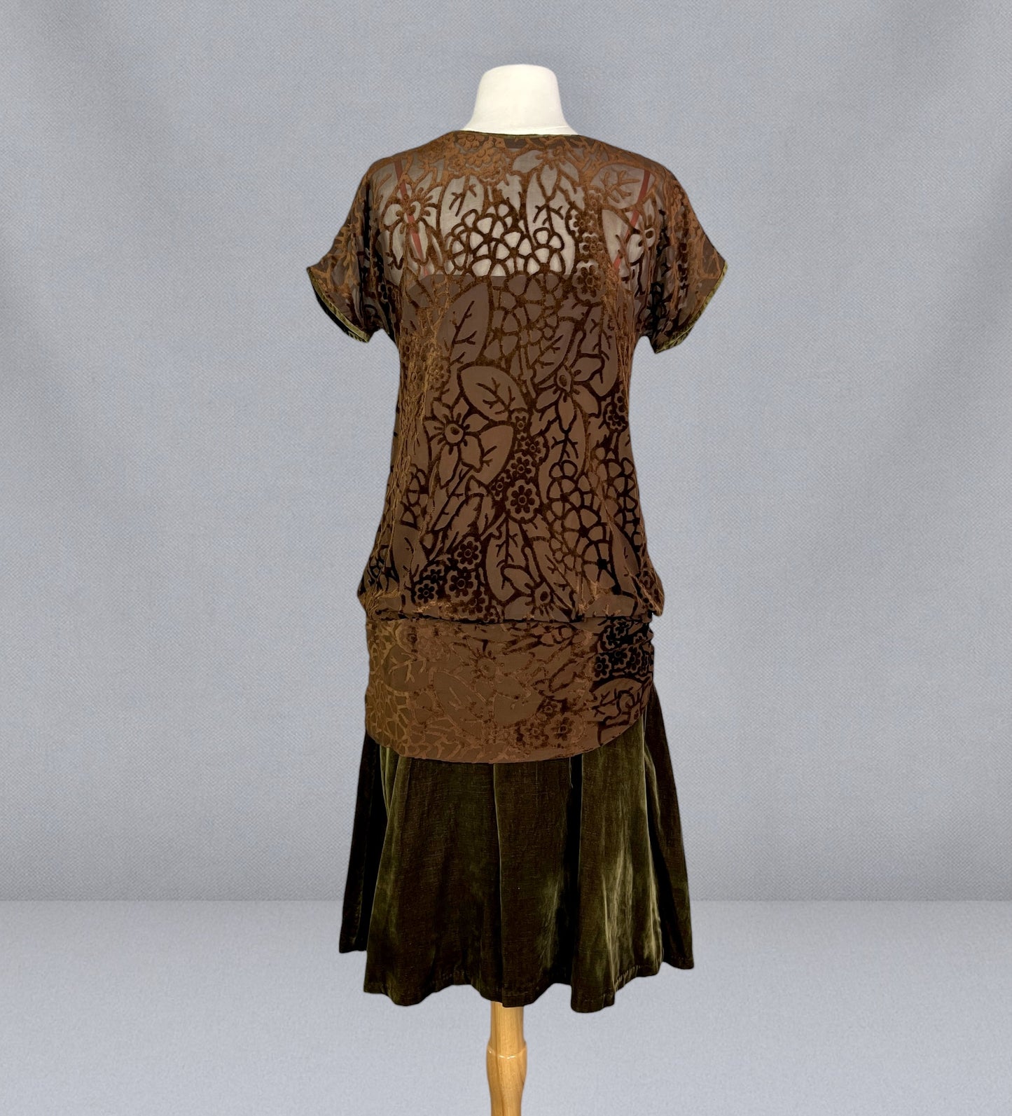 Antique 1920s Burnout Velvet Flapper Dress with Silk Flower Detail, Medium