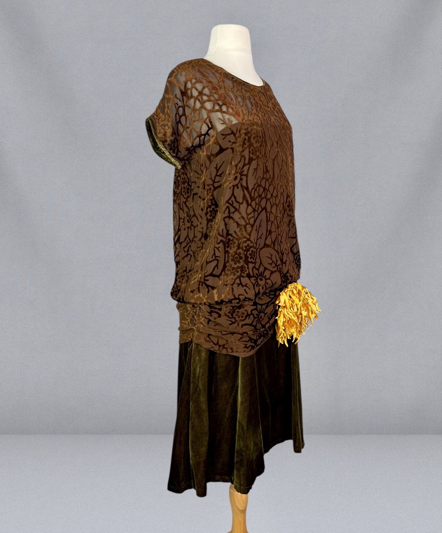 Antique 1920s Burnout Velvet Flapper Dress with Silk Flower Detail, Medium