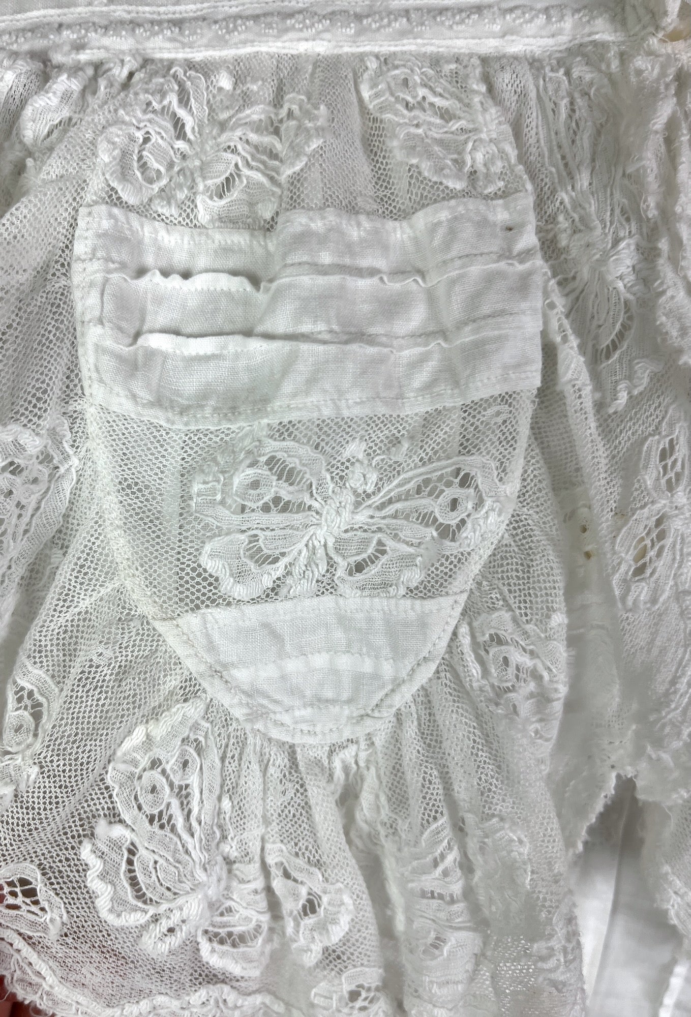 Antique Edwardian White Cotton Dress with Butterfly Lace, Pintucks & Bell Sleeves – XL–XXL