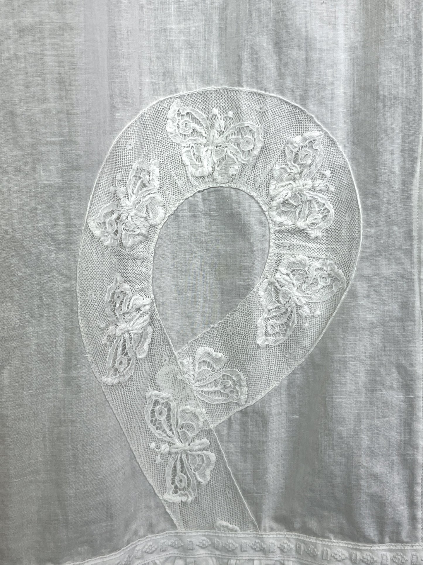 Antique Edwardian White Cotton Dress with Butterfly Lace, Pintucks & Bell Sleeves – XL–XXL