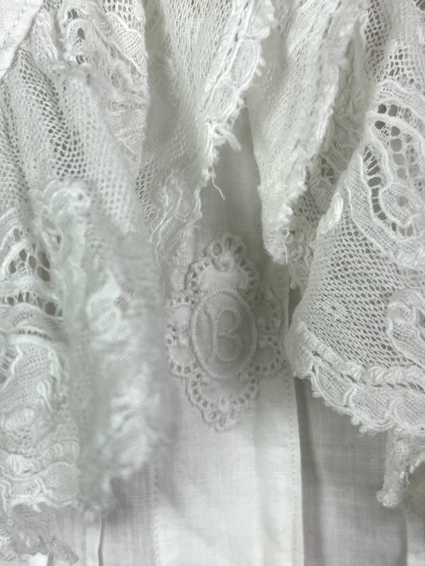 Antique Edwardian White Cotton Dress with Butterfly Lace, Pintucks & Bell Sleeves – XL–XXL