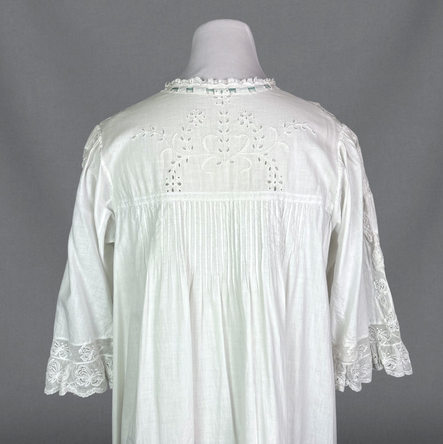 Antique Edwardian White Cotton Dress with Butterfly Lace, Pintucks & Bell Sleeves – XL–XXL