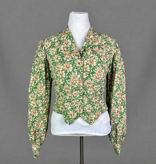 Vintage Late 1930s to Early 1940s Rayon Floral Blouse with Pointed Waist, M - L