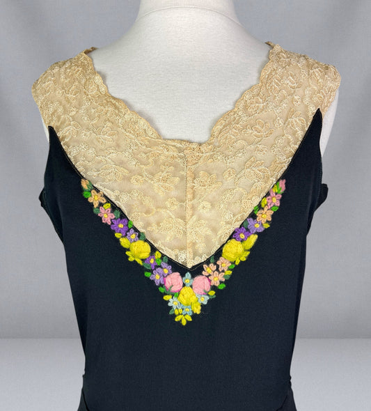 Vintage 1930s Black Rayon Crepe Dress with Lace Yoke & Colorful Floral Embroidery, Art Deco Evening Dress, XS - S