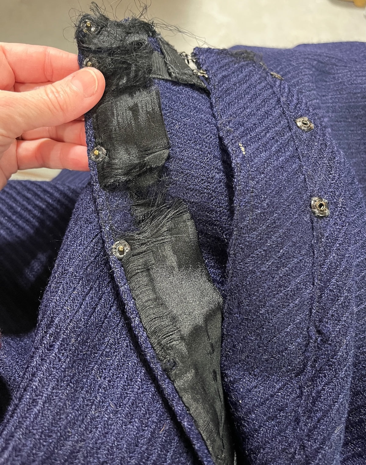 Antique 1910s Blue Wool Walking Suit with Plush Trim & Covered Buttons, Edwardian Two-Piece, XS - S