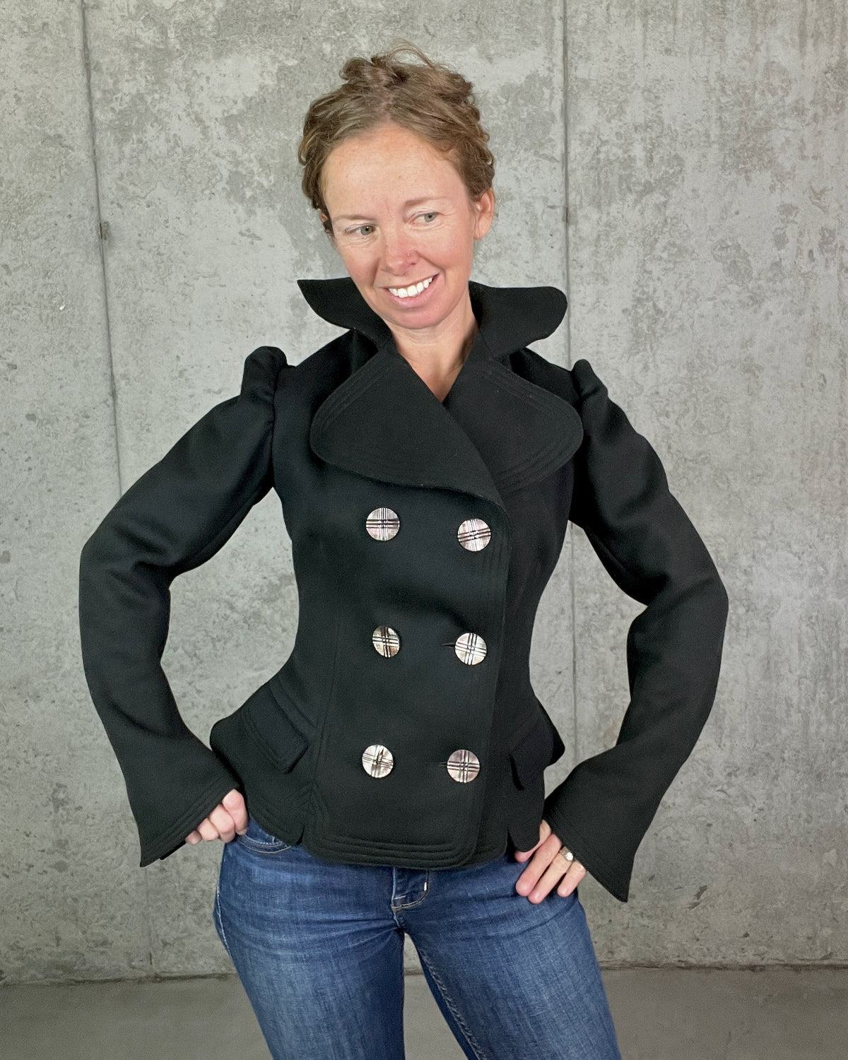 Antique 1890s Victorian Black Felted Wool Tailored Jacket with Dramatic Standing Collar