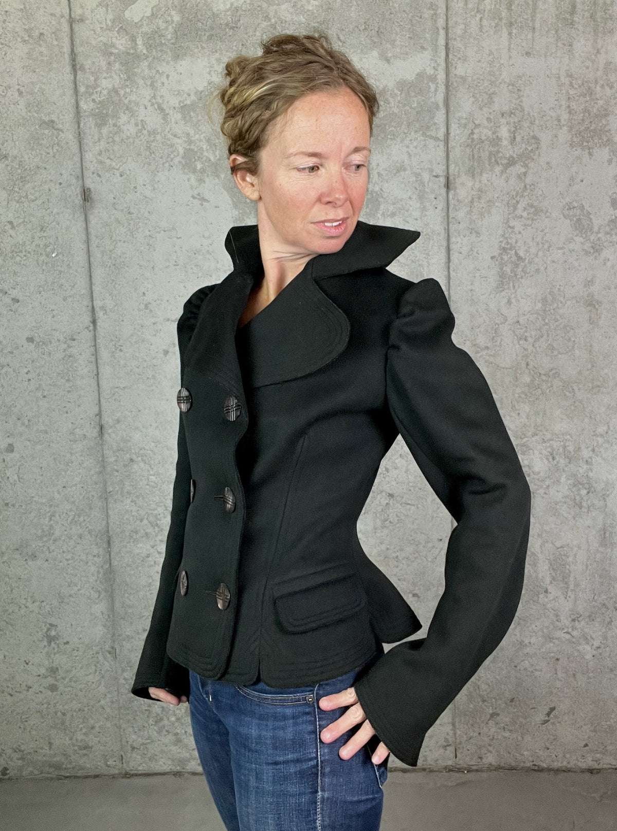 Antique 1890s Victorian Black Felted Wool Tailored Jacket with Dramatic Standing Collar