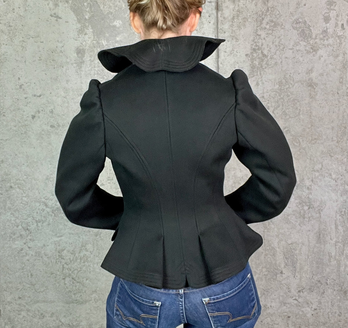 Antique 1890s Victorian Black Felted Wool Tailored Jacket with Dramatic Standing Collar