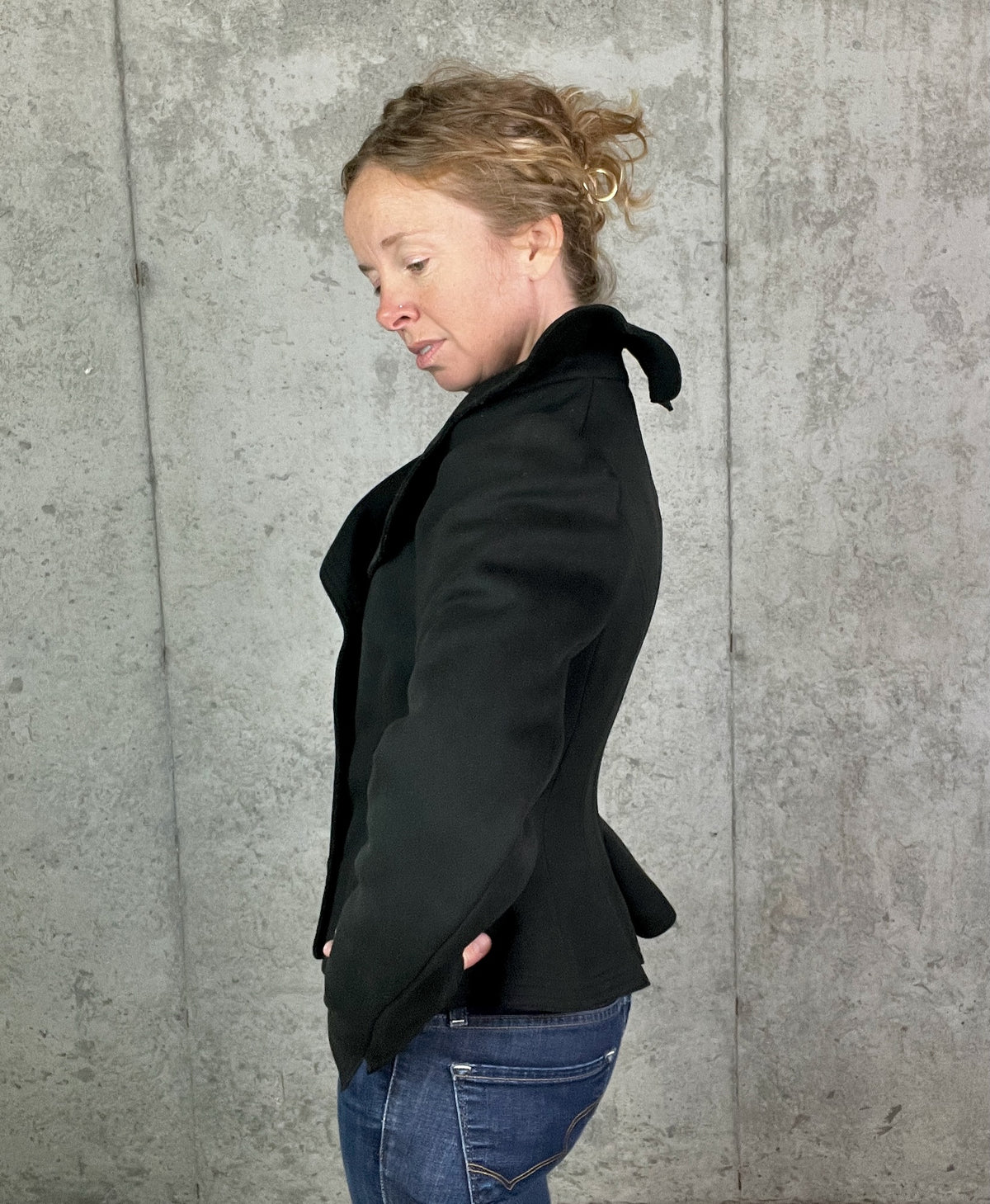 Antique 1890s Victorian Black Felted Wool Tailored Jacket with Dramatic Standing Collar