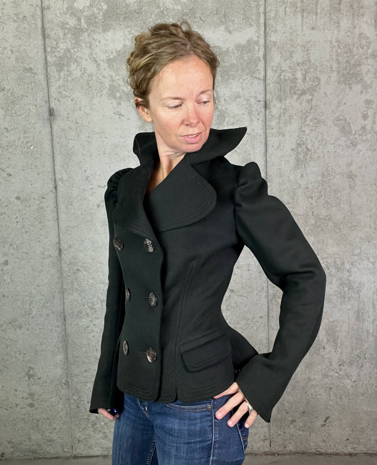 Antique 1890s Victorian Black Felted Wool Tailored Jacket with Dramatic Standing Collar