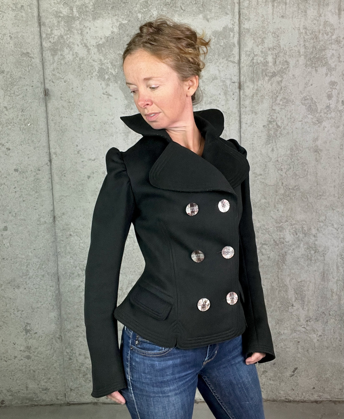 Antique 1890s Victorian Black Felted Wool Tailored Jacket with Dramatic Standing Collar